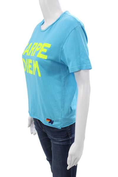Aviator Nation Womens Cropped Blue Cotton Crew Neck Short Sleeve Tee Size S