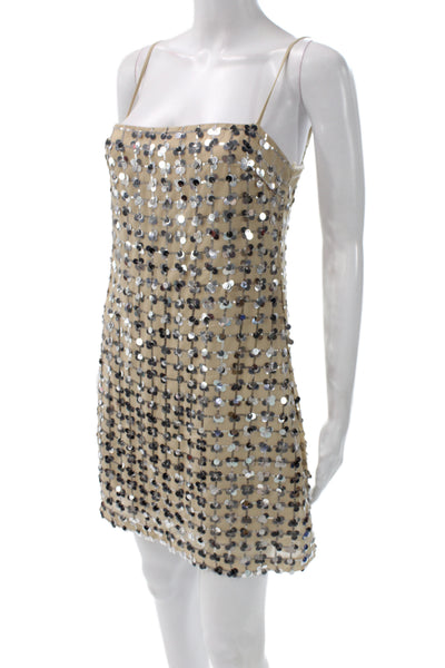 Zara Womens Mini Dress Beige Square Neck Sleeveless Geometric Party Zip Size S