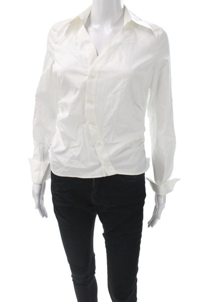 OCCLEUS Womens White Cotton Collared Button Cuff Long Sleeve Blouse Size XS