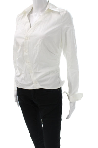 OCCLEUS Womens White Cotton Collared Button Cuff Long Sleeve Blouse Size XS