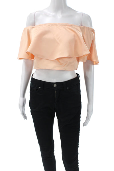 Badgley Mischka Womens Cropped Satin Off Shoulder Blouse Orange Zip Size 4