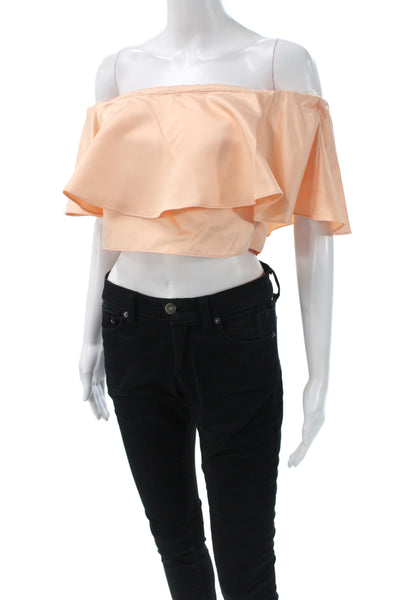 Badgley Mischka Womens Cropped Satin Off Shoulder Blouse Orange Zip Size 4
