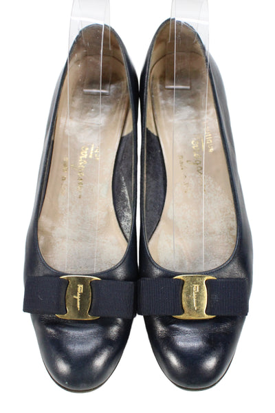 Salvatore Ferragamo Boutique Leather Bow Tie Kitten Heels Navy Blue Size 10