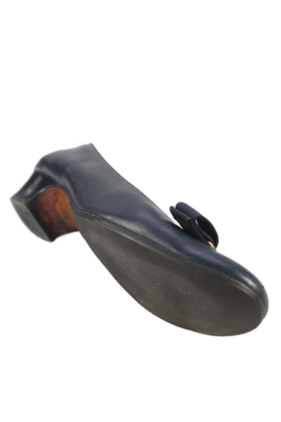 Salvatore Ferragamo Boutique Leather Bow Tie Kitten Heels Navy Blue Size 10