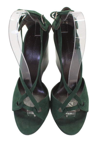 Balenciaga Womens Suede Ankle Strap Wedge Sandals Green Size 8