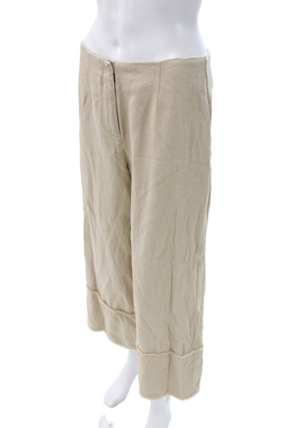 Zara Womens Cropped Linen Pants Beige Button Inseam 26 Size M