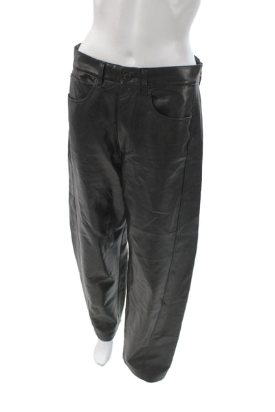 Denim Forum Womens Black Faux Leather Pants 90s Button Solid Size 28