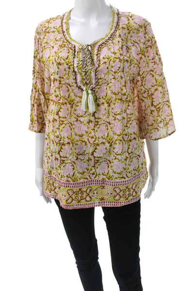 Sigrid Olsen Women Green Floral Cotton Tunic 3/4 Sleeve Round Neck Size S