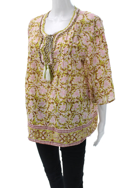 Sigrid Olsen Women Green Floral Cotton Tunic 3/4 Sleeve Round Neck Size S