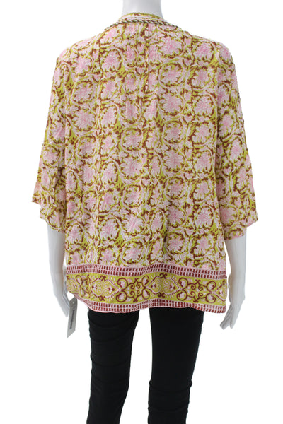 Sigrid Olsen Women Green Floral Cotton Tunic 3/4 Sleeve Round Neck Size S