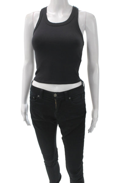 Alo Womens Ribbed Scoop Neck Sleeveless Tank Basic Black Athleisure Size S