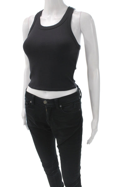 Alo Womens Ribbed Scoop Neck Sleeveless Tank Basic Black Athleisure Size S
