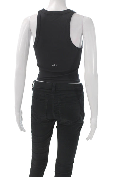 Alo Womens Ribbed Scoop Neck Sleeveless Tank Basic Black Athleisure Size S