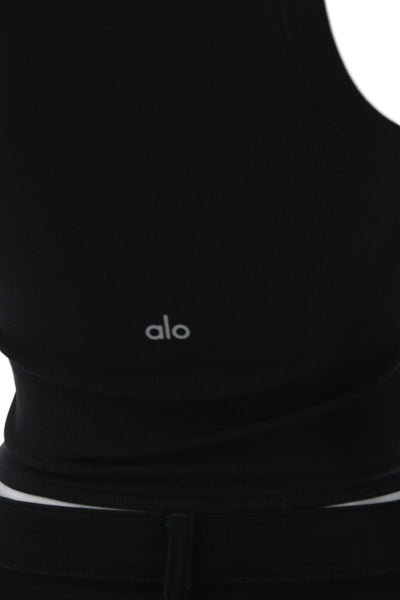 Alo Womens Ribbed Scoop Neck Sleeveless Tank Basic Black Athleisure Size S