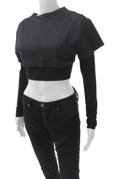 Jacquemus Womens Cropped Black Cotton Crewneck Long Sleeve T-Shirt Size S
