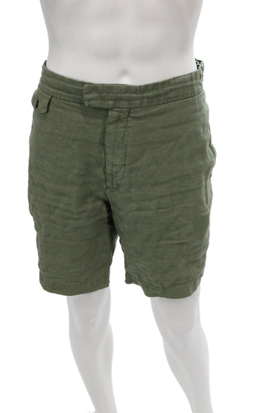 Cremieux Mens Bermuda Shorts Green Linen Solid Military Button Size 54