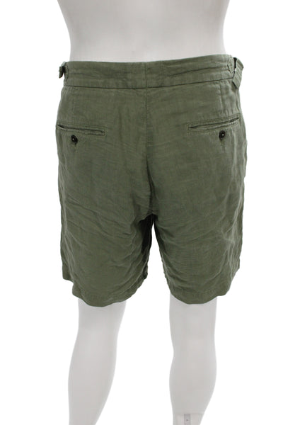 Cremieux Mens Bermuda Shorts Green Linen Solid Military Button Size 54