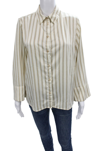 Zara Women Basic Striped Beige Collared Button Long Sleeve Blouse Size M
