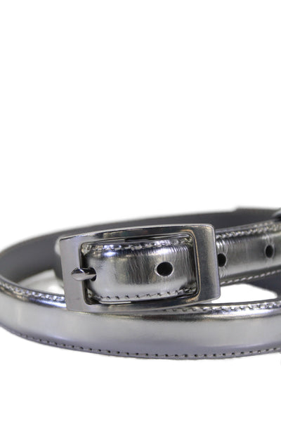 J Crew Women's Buckle Closure Leather Metallic Silver Skinny Belt Size S