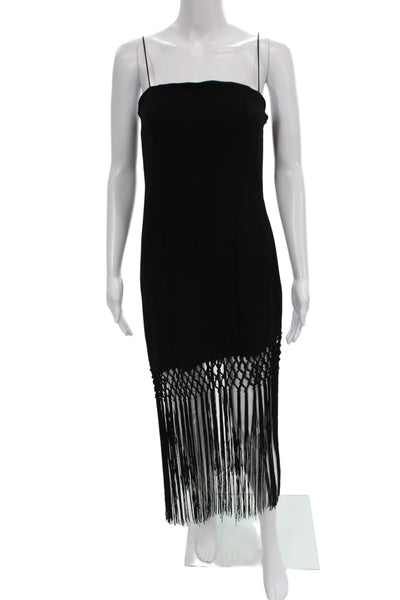 Zara Women Slip Dress Black Square Neck Knee Fringe Sleeveless Size S