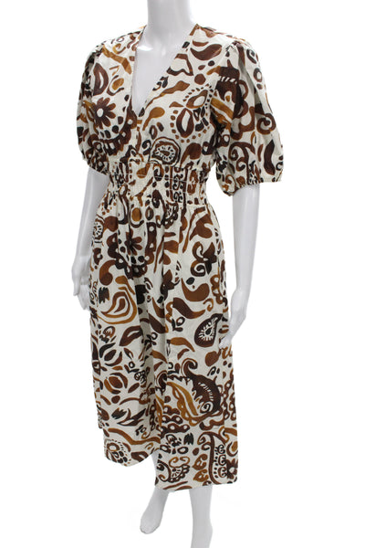 Norma Kamali Womens Fit & Flare Paisley VNeck Brown Blouse Short Sleeve Size XS