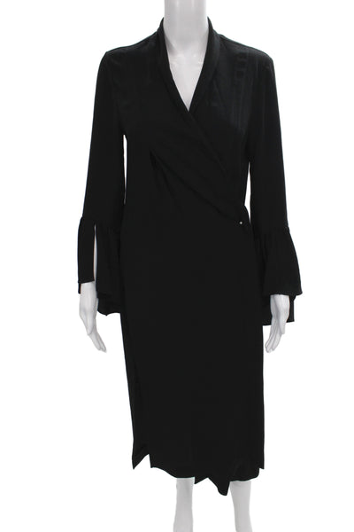 BCBGMAXAZRIA Women Black Wrap Dress V-Neck Long Sleeve Midi Tie Waist Size XS