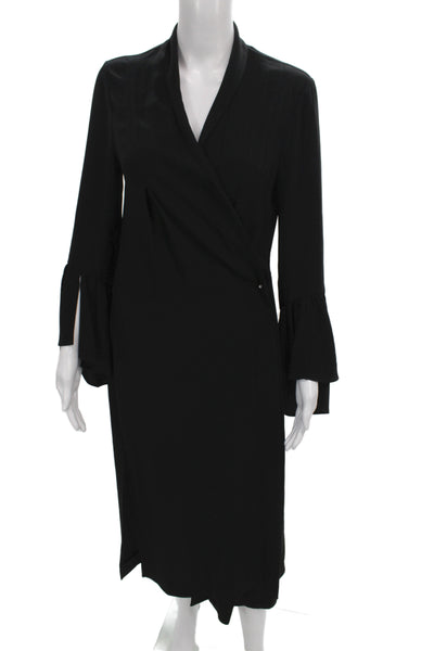 BCBGMAXAZRIA Women Black Wrap Dress V-Neck Long Sleeve Midi Tie Waist Size XS