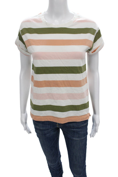 Barbour Women Green Striped Basic Cotton Crew Neck Short Sleeve T-Shirt Size 6