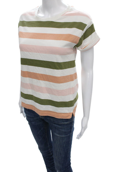Barbour Women Green Striped Basic Cotton Crew Neck Short Sleeve T-Shirt Size 6