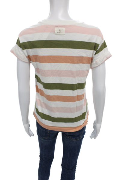 Barbour Women Green Striped Basic Cotton Crew Neck Short Sleeve T-Shirt Size 6