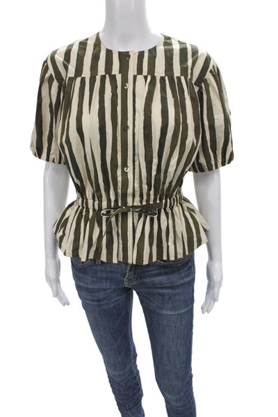 Marie Oliver Women Tunic Green Striped Cotton Short Sleeve Button Size XS