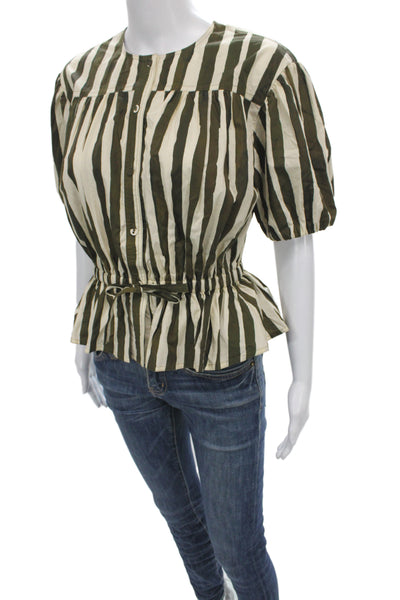 Marie Oliver Women Tunic Green Striped Cotton Short Sleeve Button Size XS