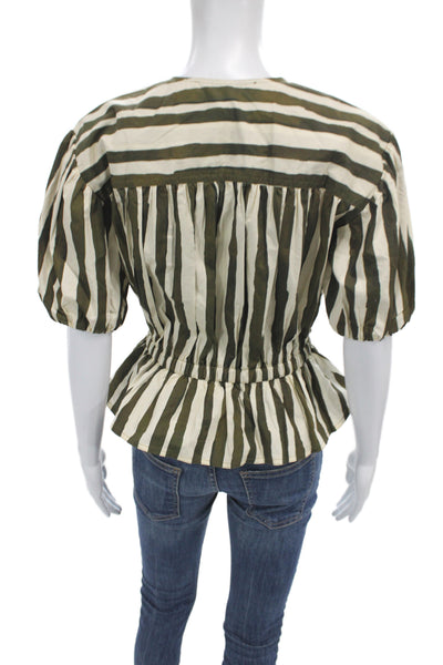 Marie Oliver Women Tunic Green Striped Cotton Short Sleeve Button Size XS