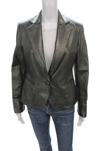 Saks Fifth Avenue Womens Gray Leather Basic Jacket Button Size 4