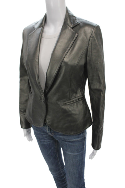 Saks Fifth Avenue Womens Gray Leather Basic Jacket Button Size 4