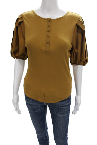 Ulla Johnson Women Gold Cotton Henley Short Sleeve Basic Blouse Size S