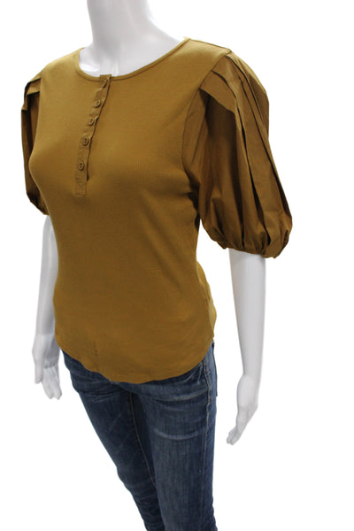 Ulla Johnson Women Gold Cotton Henley Short Sleeve Basic Blouse Size S