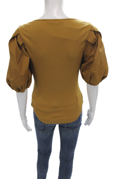 Ulla Johnson Women Gold Cotton Henley Short Sleeve Basic Blouse Size S