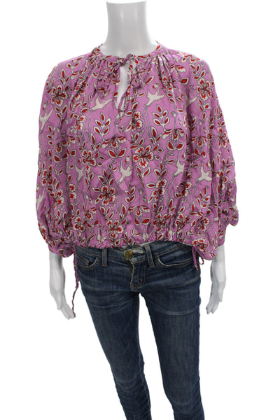 Rhode Womens Pink Floral Tunic Blouse 3/4 Sleeve Round Neck Viscose Size XS