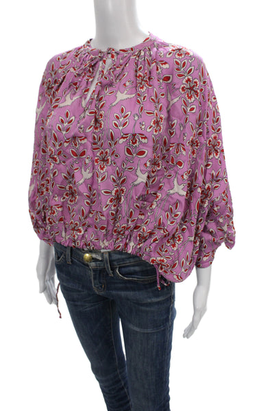 Rhode Womens Pink Floral Tunic Blouse 3/4 Sleeve Round Neck Viscose Size XS