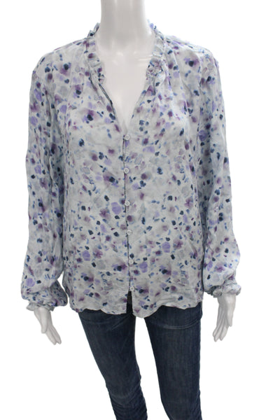 Cloth & Stone Womens Blue Floral V-Neck Rayon Blouse Button Long Sleeve Size XL