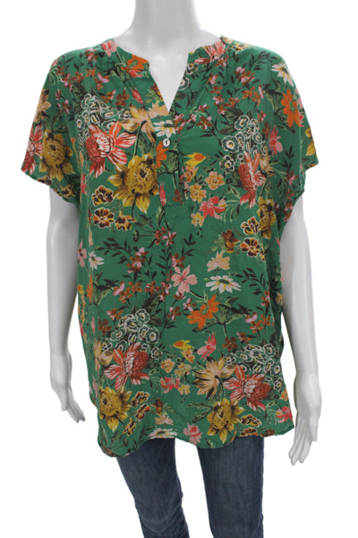 Amour Vert Womens Tunic Blouse Green Silk VNeck Floral Button Sleeveless Size XL