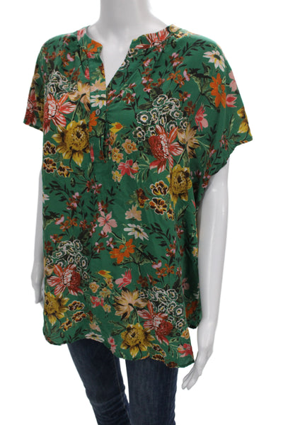 Amour Vert Womens Tunic Blouse Green Silk VNeck Floral Button Sleeveless Size XL