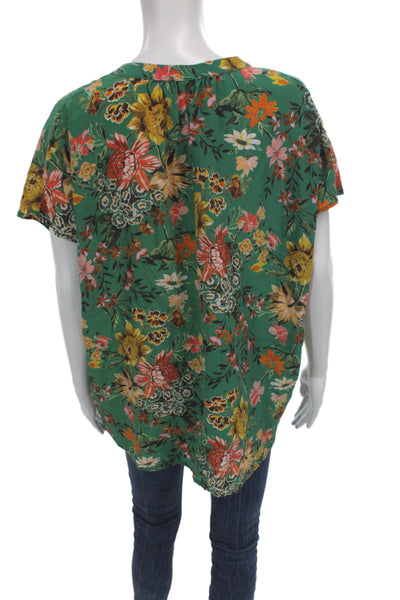 Amour Vert Womens Tunic Blouse Green Silk VNeck Floral Button Sleeveless Size XL