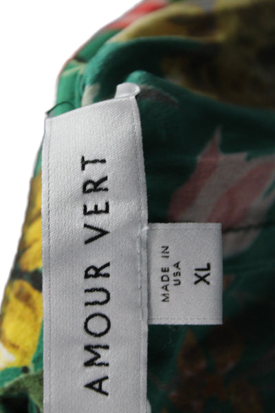 Amour Vert Womens Tunic Blouse Green Silk VNeck Floral Button Sleeveless Size XL