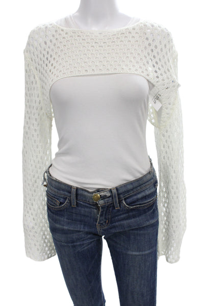 Cider Womens Boho Crochet Knit Boat Neck Long Sleeve Shrug White Size 1X