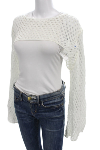 Cider Womens Boho Crochet Knit Boat Neck Long Sleeve Shrug White Size 1X