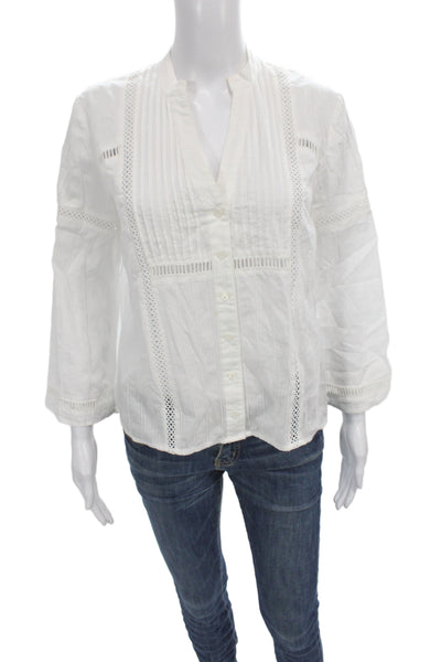 Club Monaco Women Basic V-Neck Cotton Blouse 3/4 Sleeve White Button Size S