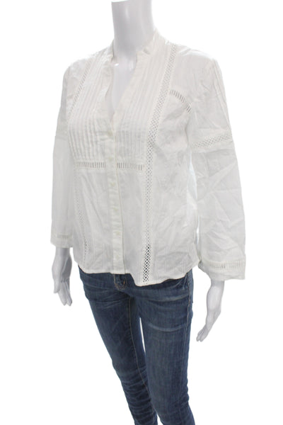 Club Monaco Women Basic V-Neck Cotton Blouse 3/4 Sleeve White Button Size S