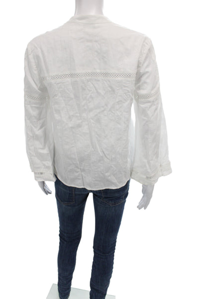 Club Monaco Women Basic V-Neck Cotton Blouse 3/4 Sleeve White Button Size S